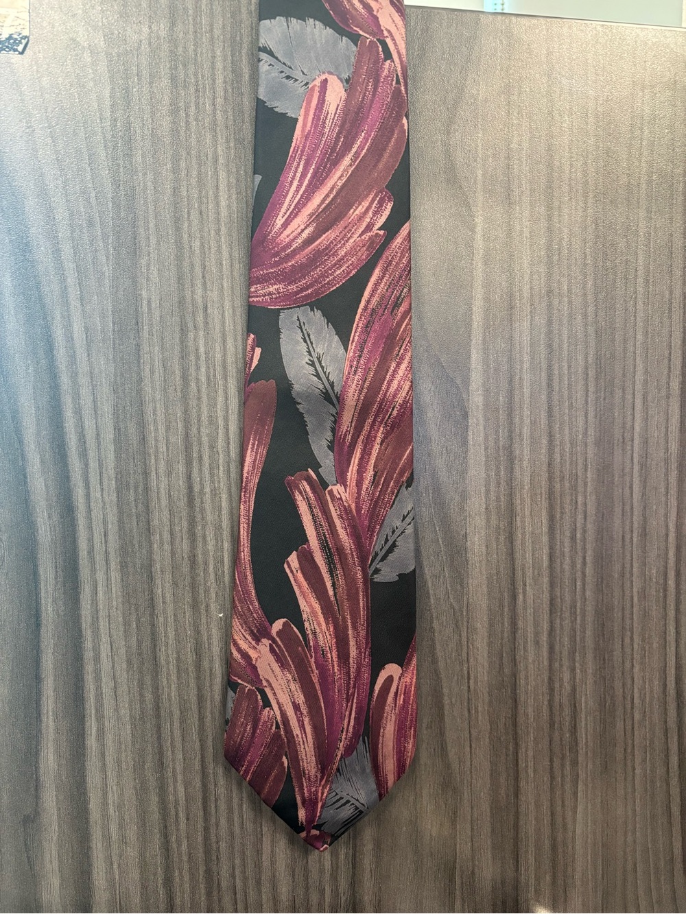 Lanvin Black Tie with Burgundy Brushstroke and Gray Feather Motif